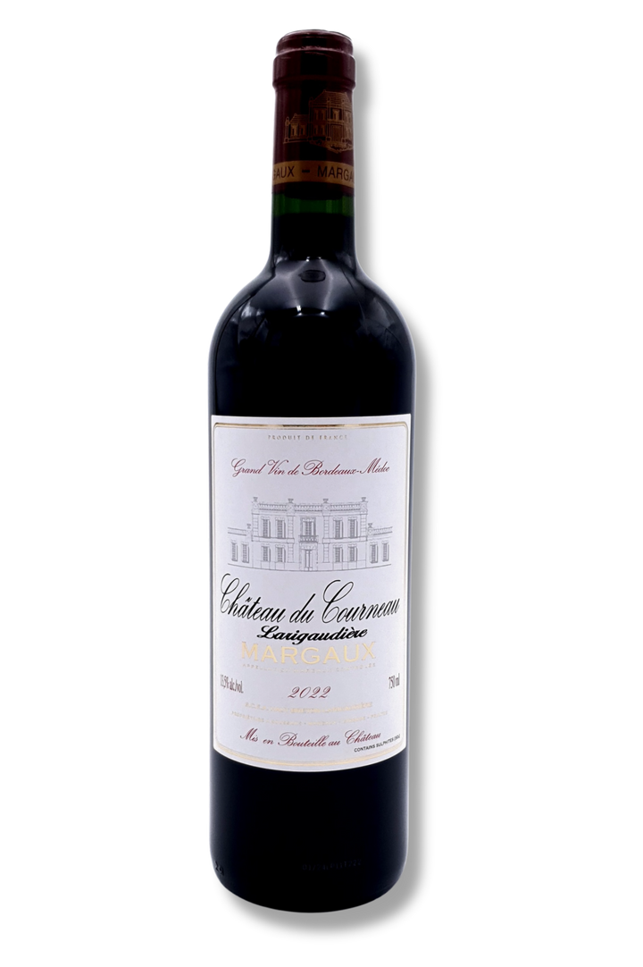 Flasche Château du Courneau Margaux AOC Bordeaux – eleganter Rotwein aus 60 % Cabernet Sauvignon und 40 % Merlot, nachhaltig produziert, 93/95 Punkte. Etikett.