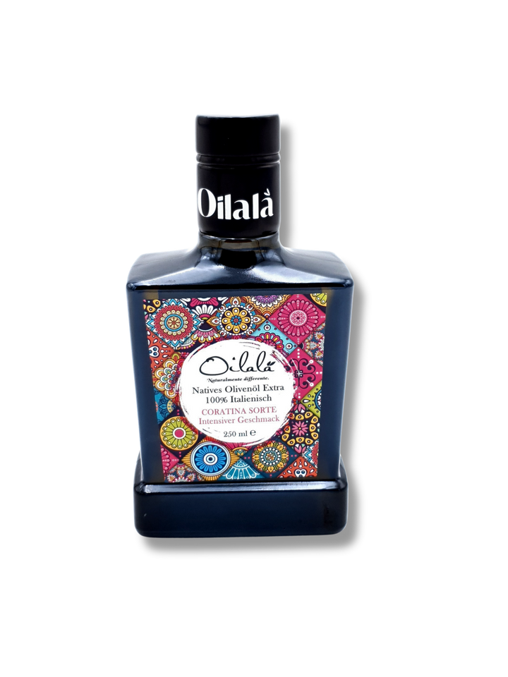 Premium natives Olivenöl extra von Oilalà – hochwertiges Designetikett auf eleganter Flasche 0.25l, italienisches Olivenöl   aus Coratina Oliven in Spitzenqualität aus Apulien.
