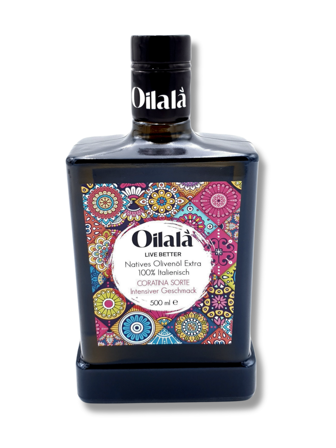 Premium natives Olivenöl extra von Oilalà – hochwertiges Designetikett auf eleganter Flasche, italienisches Olivenöl   aus Coratina Oliven in Spitzenqualität aus Apulien.

