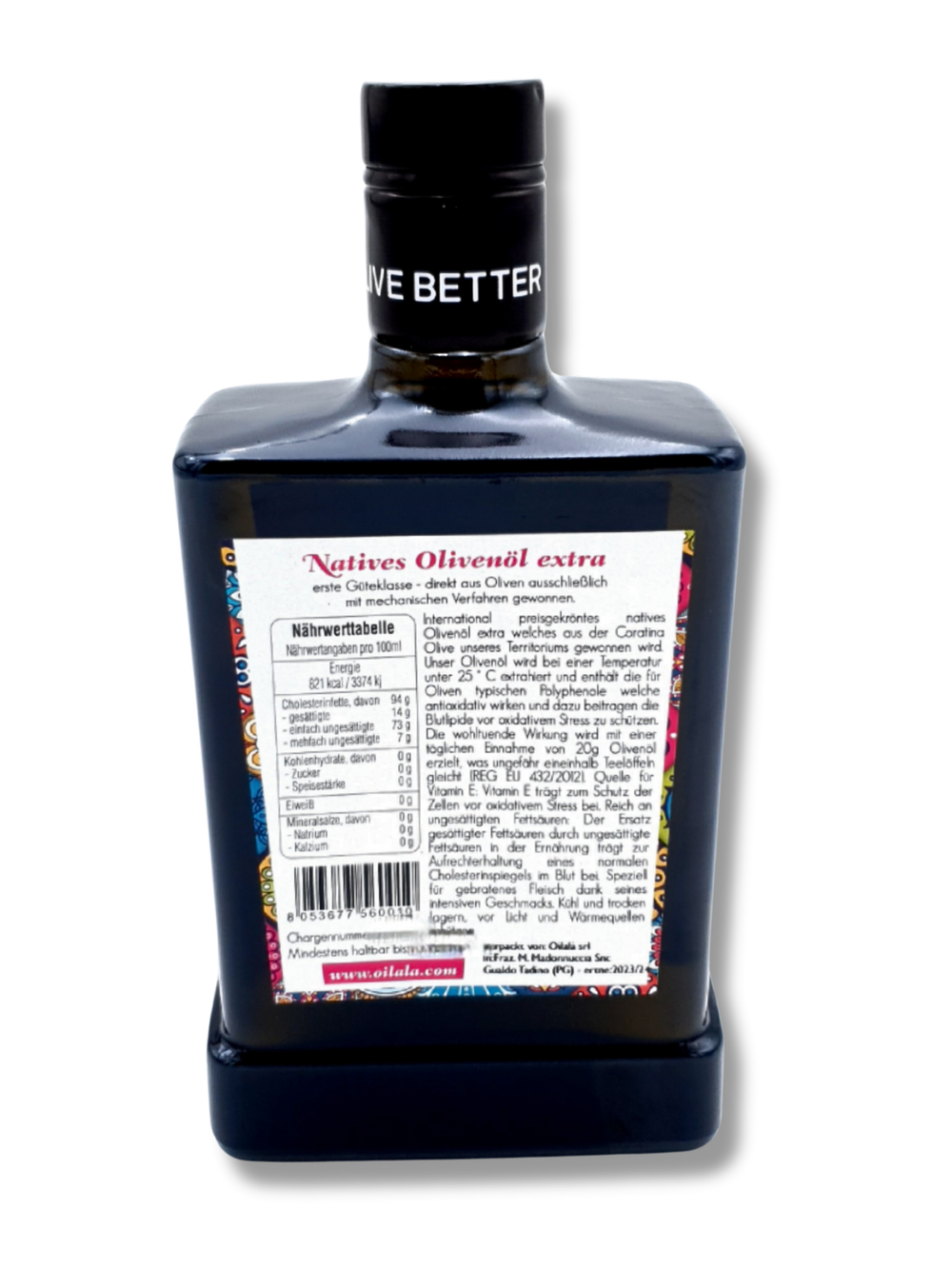 Premium natives Olivenöl extra von Oilalà, italienisches Olivenöl aus Coratina Oliven in Spitzenqualität aus Apulien. Naehrwerttabelle.