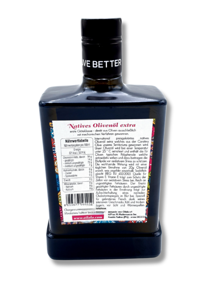 Premium natives Olivenöl extra von Oilalà, italienisches Olivenöl aus Coratina Oliven in Spitzenqualität aus Apulien. Naehrwerttabelle.