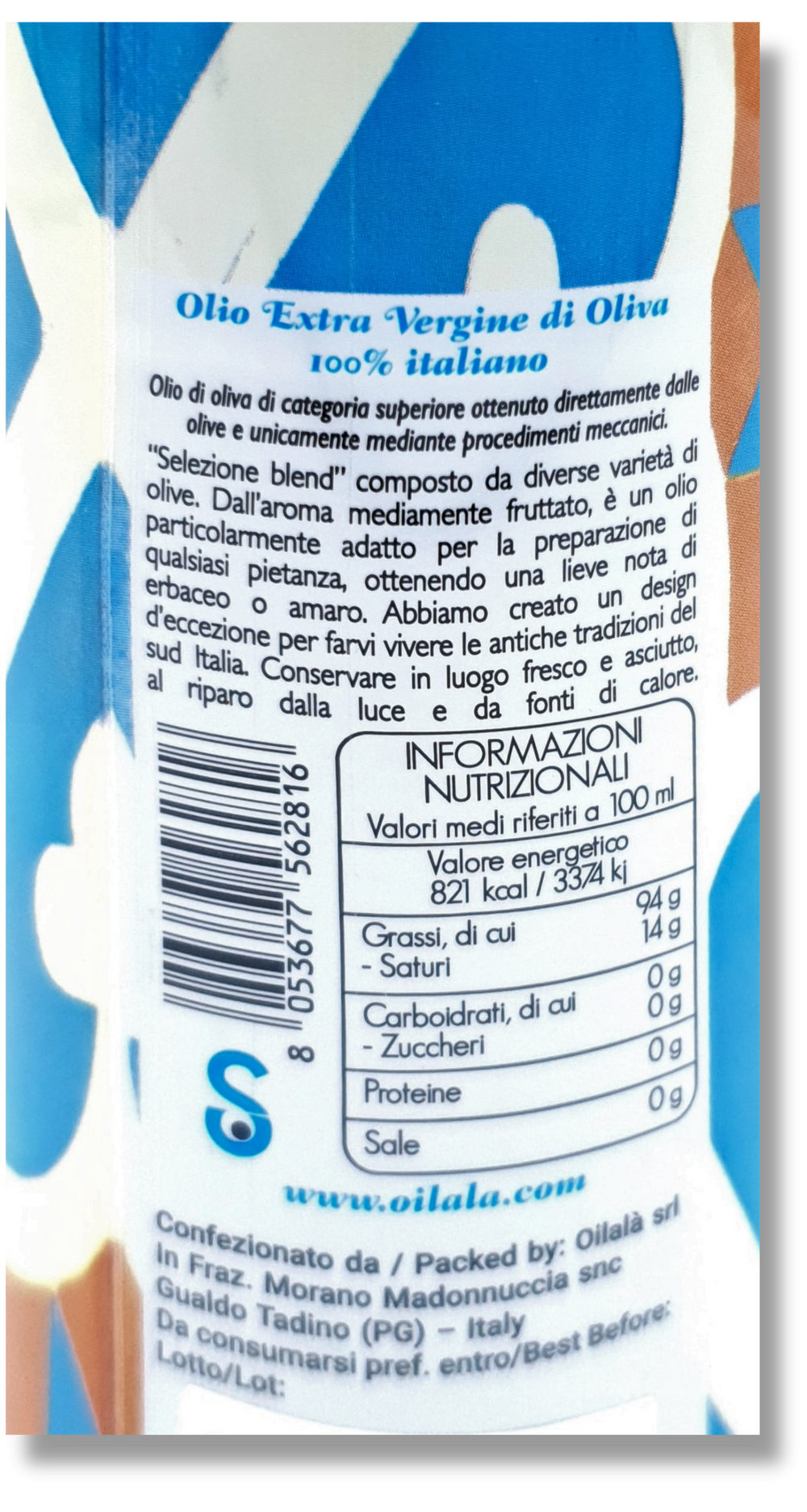 Nährwertangaben und Herkunft auf dem Etikett des Olivenöls „Maioliche“ von Oilalà, 100 % italienisches kaltgepresstes Olivenöl
