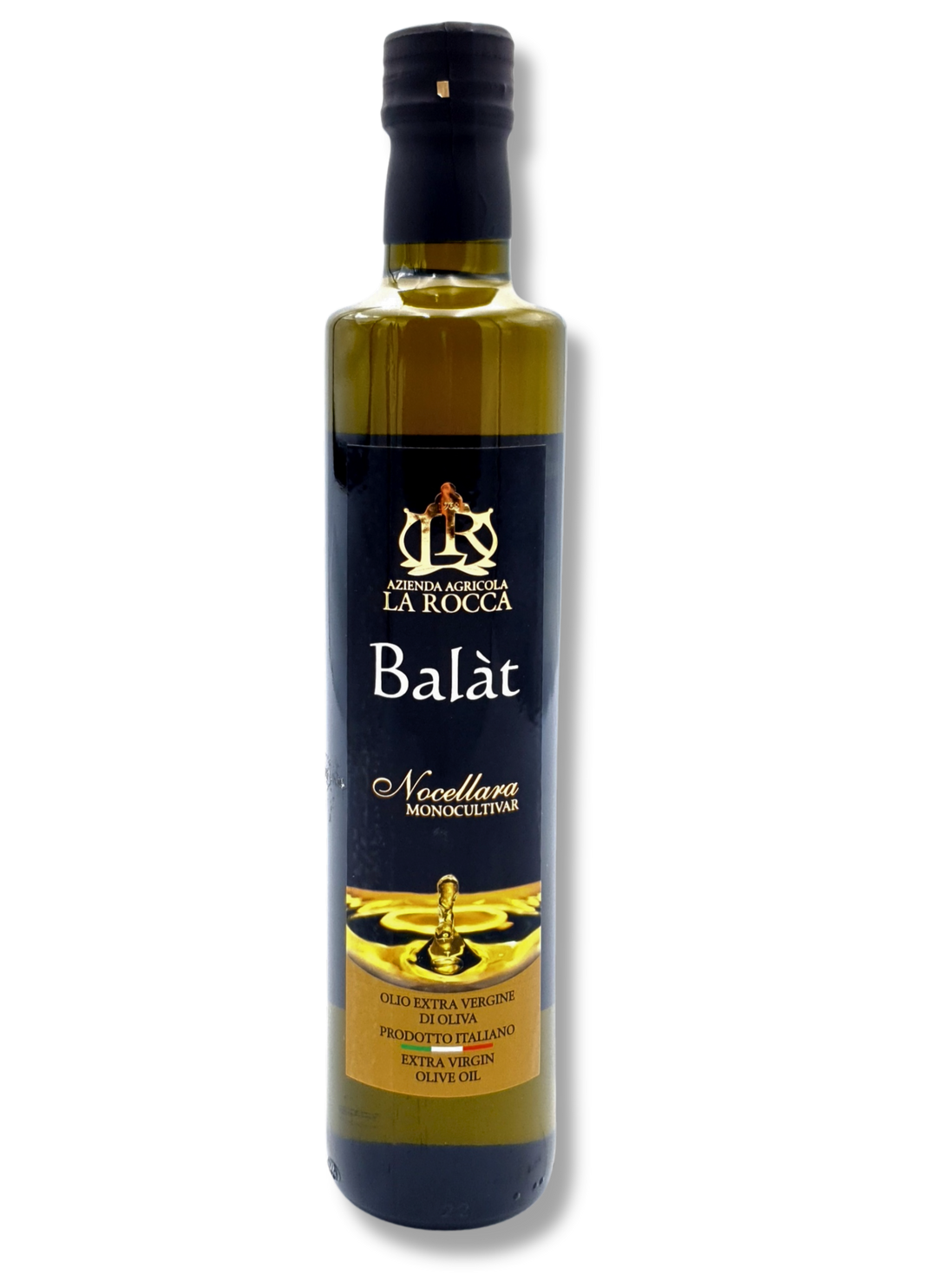 Flasche des Balat Olivenöls aus 100 % Nocellara-Oliven – kaltgepresstes, extra natives Olivenöl aus Sizilien mit elegantem Etikett.
