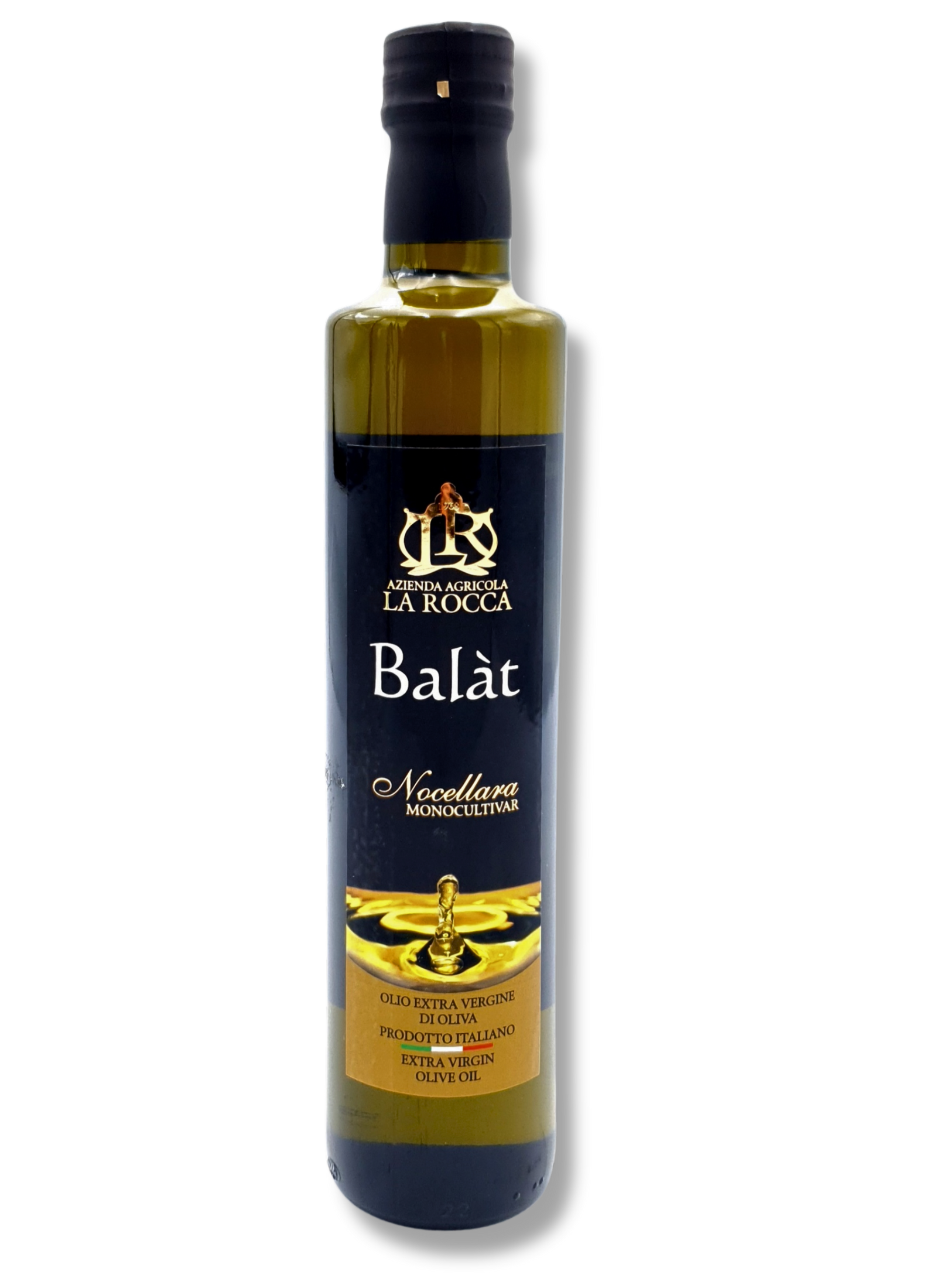 Flasche des Balat Olivenöls aus 100 % Nocellara-Oliven – kaltgepresstes, extra natives Olivenöl aus Sizilien mit elegantem Etikett.