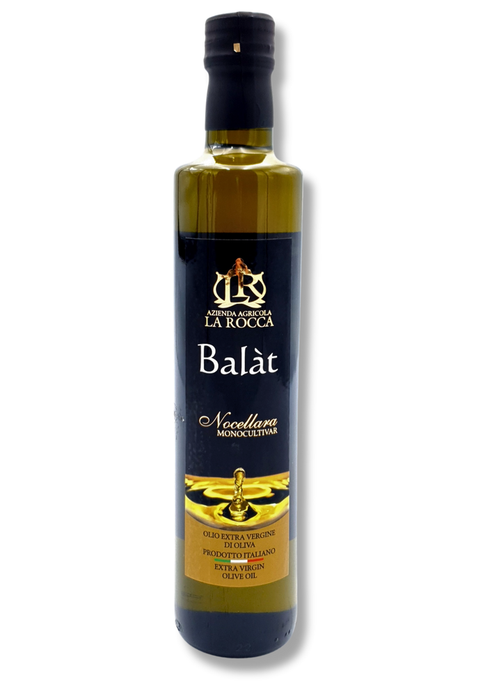 Flasche des Balat Olivenöls aus 100 % Nocellara-Oliven – kaltgepresstes, extra natives Olivenöl aus Sizilien mit elegantem Etikett.