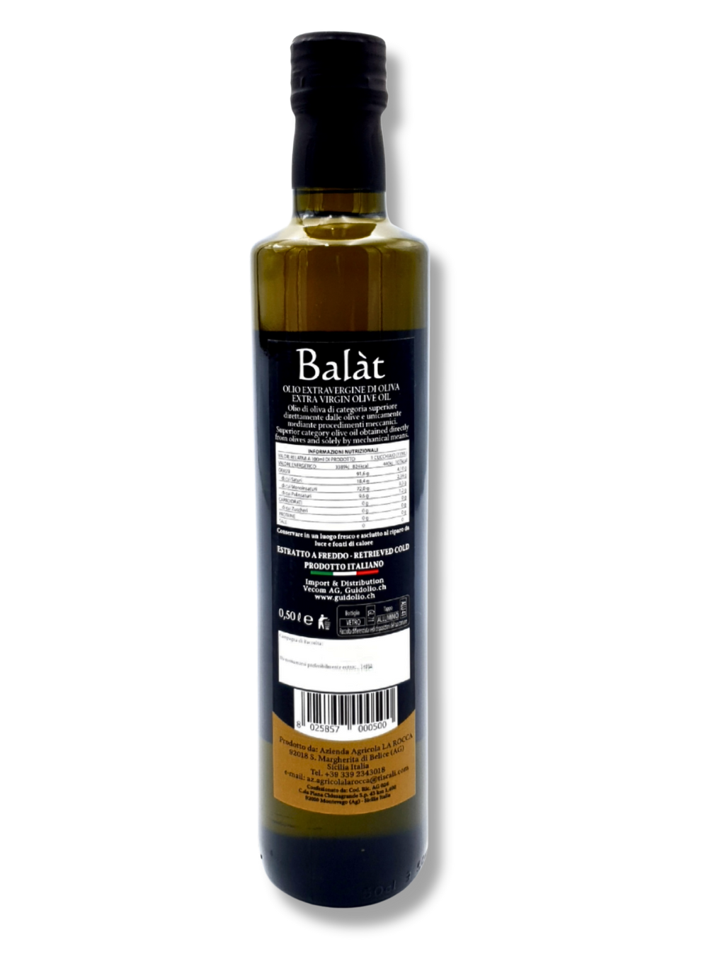 Flasche des Balat Olivenöls aus 100 % Nocellara-Oliven – kaltgepresstes, extra natives Olivenöl aus Sizilien. Nährstofftabelle.