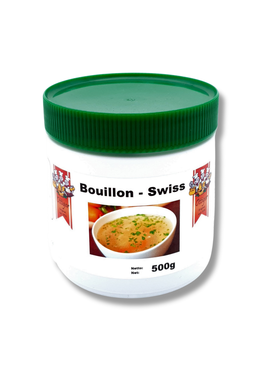 Bouillon Swiss von Ottiger – vegetarische Schweizer Bouillon in der Dose, fein abgestimmt und vielseitig einsetzbar - Etikette