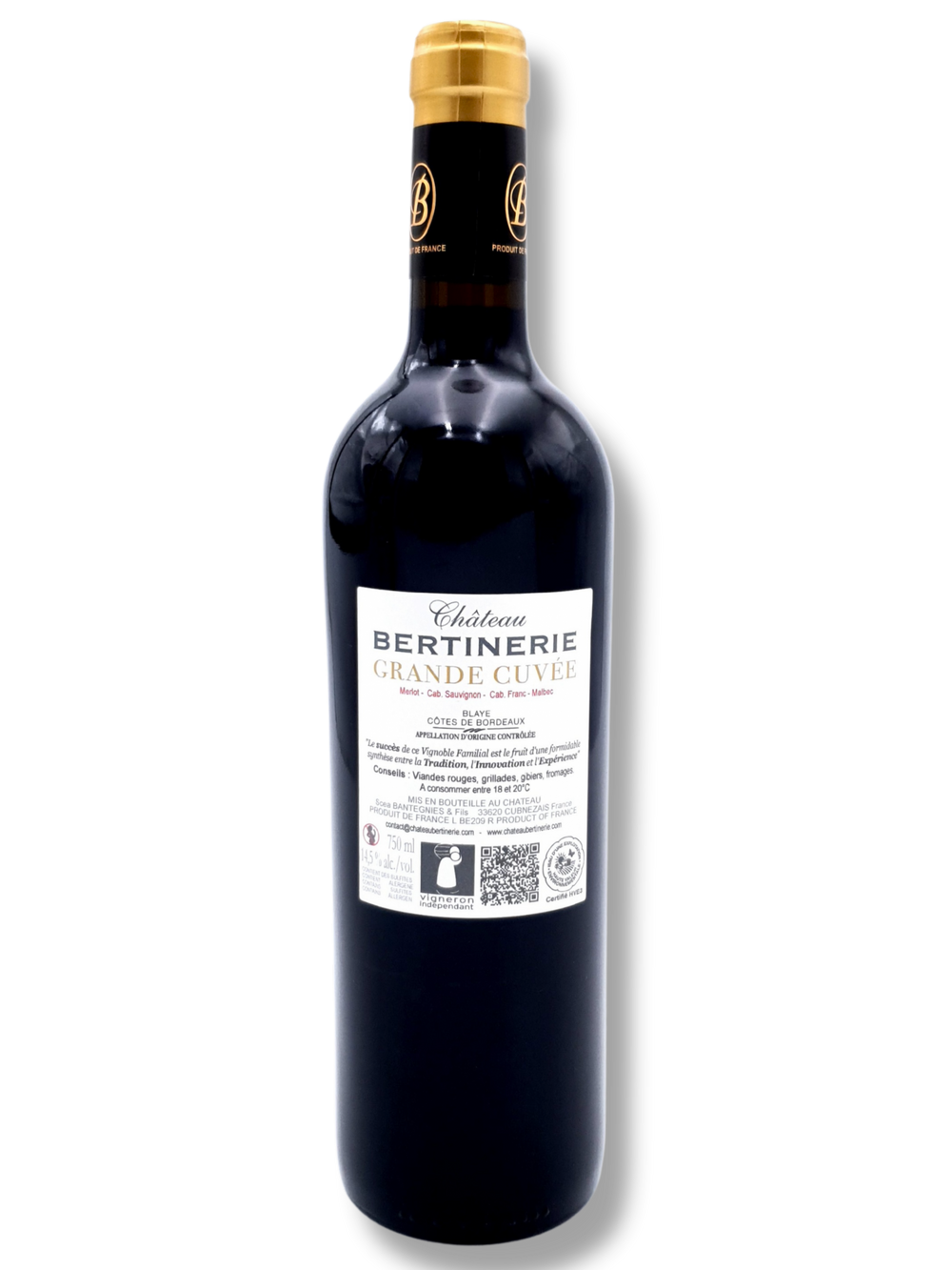 Rückseite der Flasche Château Bertinerie Grande Cuvée 2019 – Rücketikett mit Angaben zum Wein