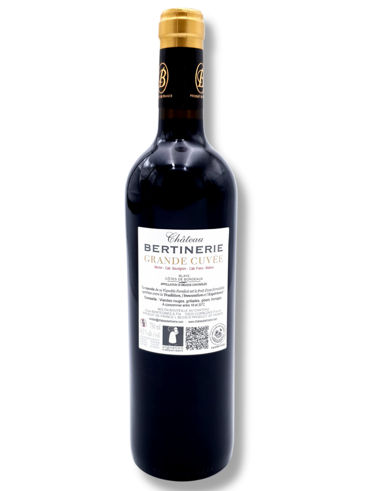 Rückseite der Flasche Château Bertinerie Grande Cuvée 2019 – Rücketikett mit Angaben zum Wein