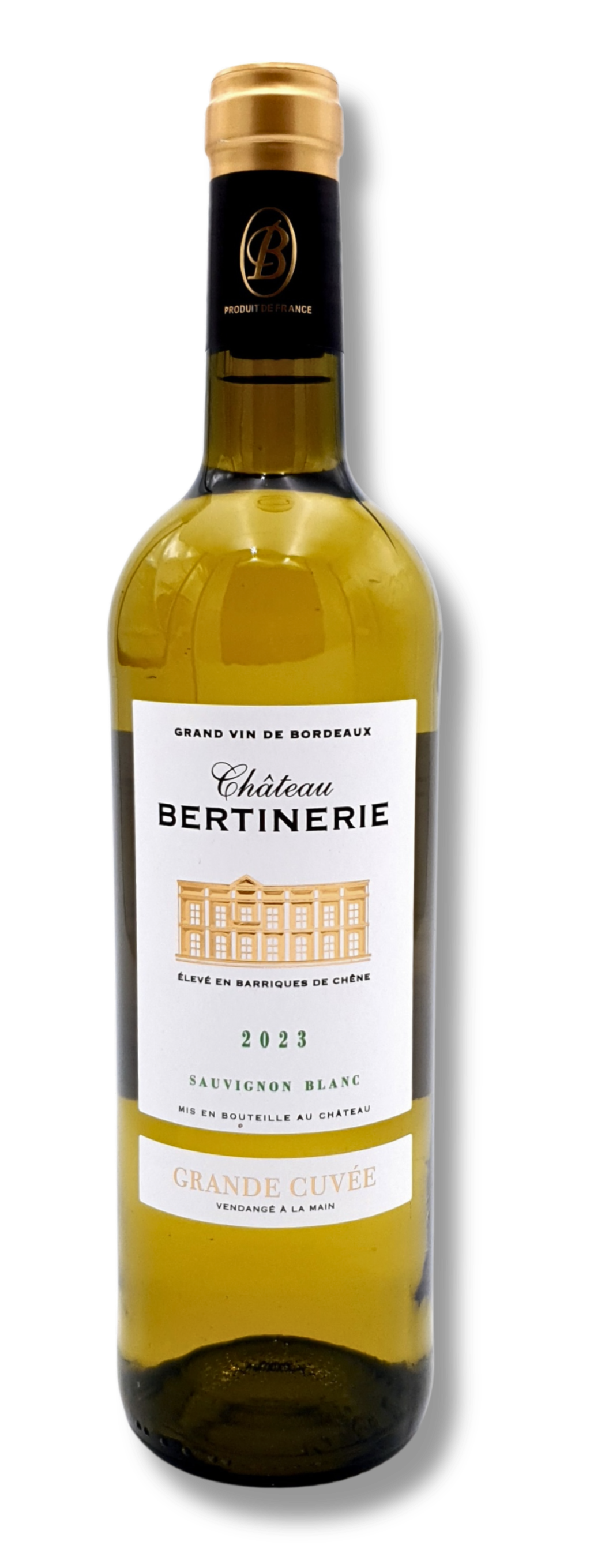 Flasche Château Bertinerie Grande Cuvée Sauvignon Blanc 2023, Bordeaux Weißwein, Blaye Côtes de Bordeaux AOC. Etikette