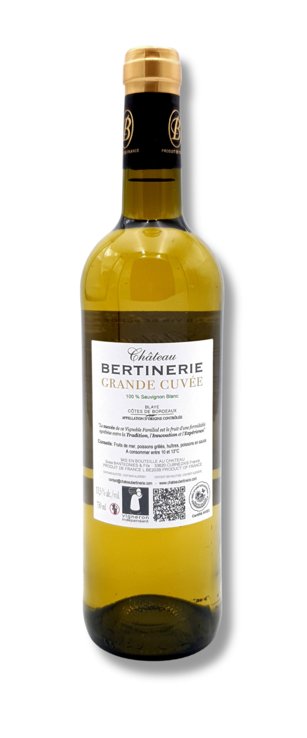 Flasche Château Bertinerie Grande Cuvée Sauvignon Blanc 2023, Bordeaux Weißwein, Blaye Côtes de Bordeaux AOC. Rückseite.