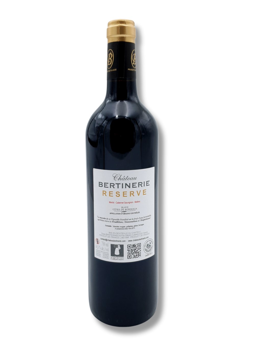 Etikett Château Bertinerie Réserve 2018 – Blaye Côtes de Bordeaux AOC, Cuvée aus Merlot, Cabernet Sauvignon und Malbec