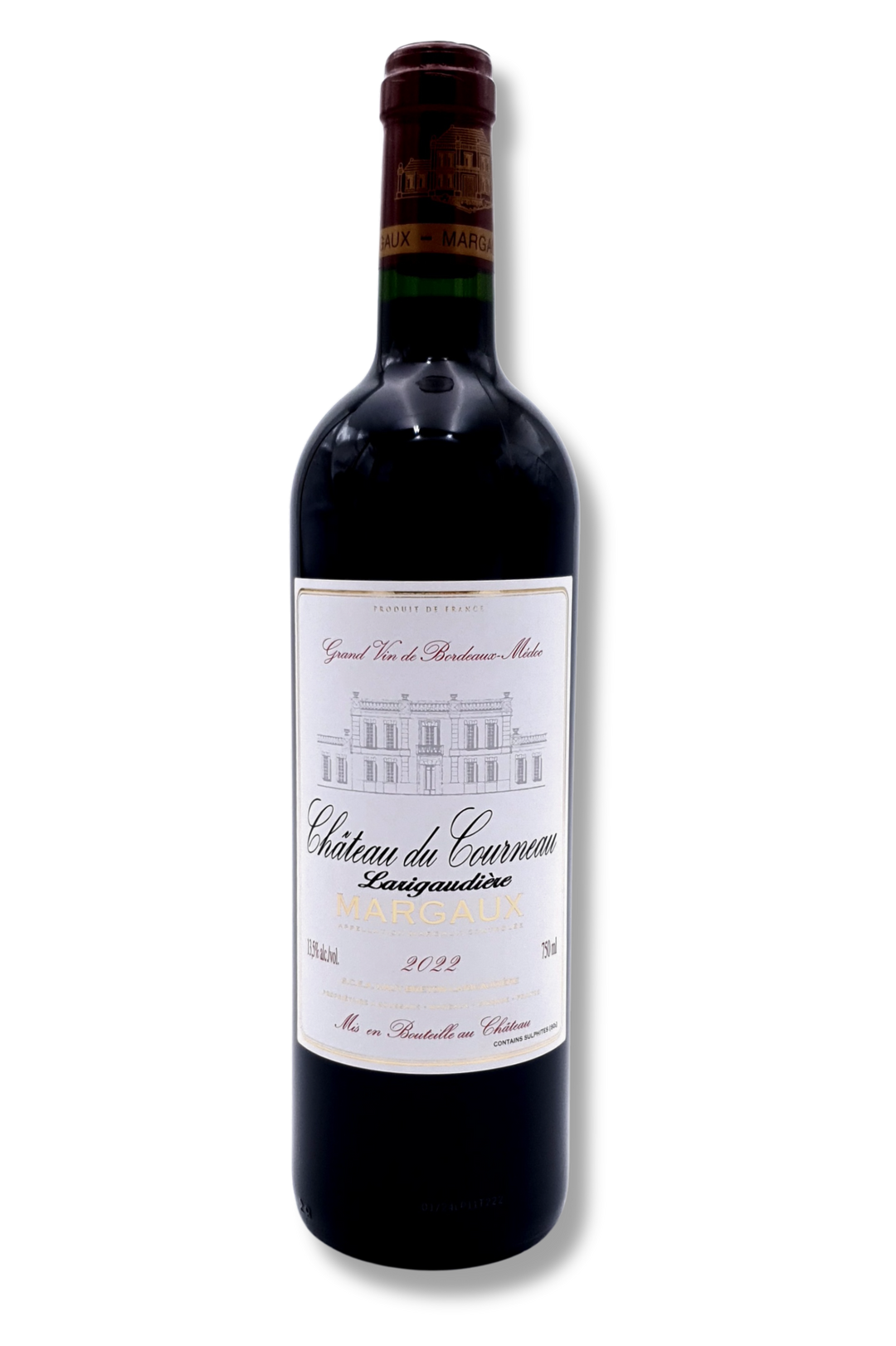 Flasche Château du Courneau Margaux AOC Bordeaux – eleganter Rotwein aus 60 % Cabernet Sauvignon und 40 % Merlot, nachhaltig produziert, 93/95 Punkte. Etikett.