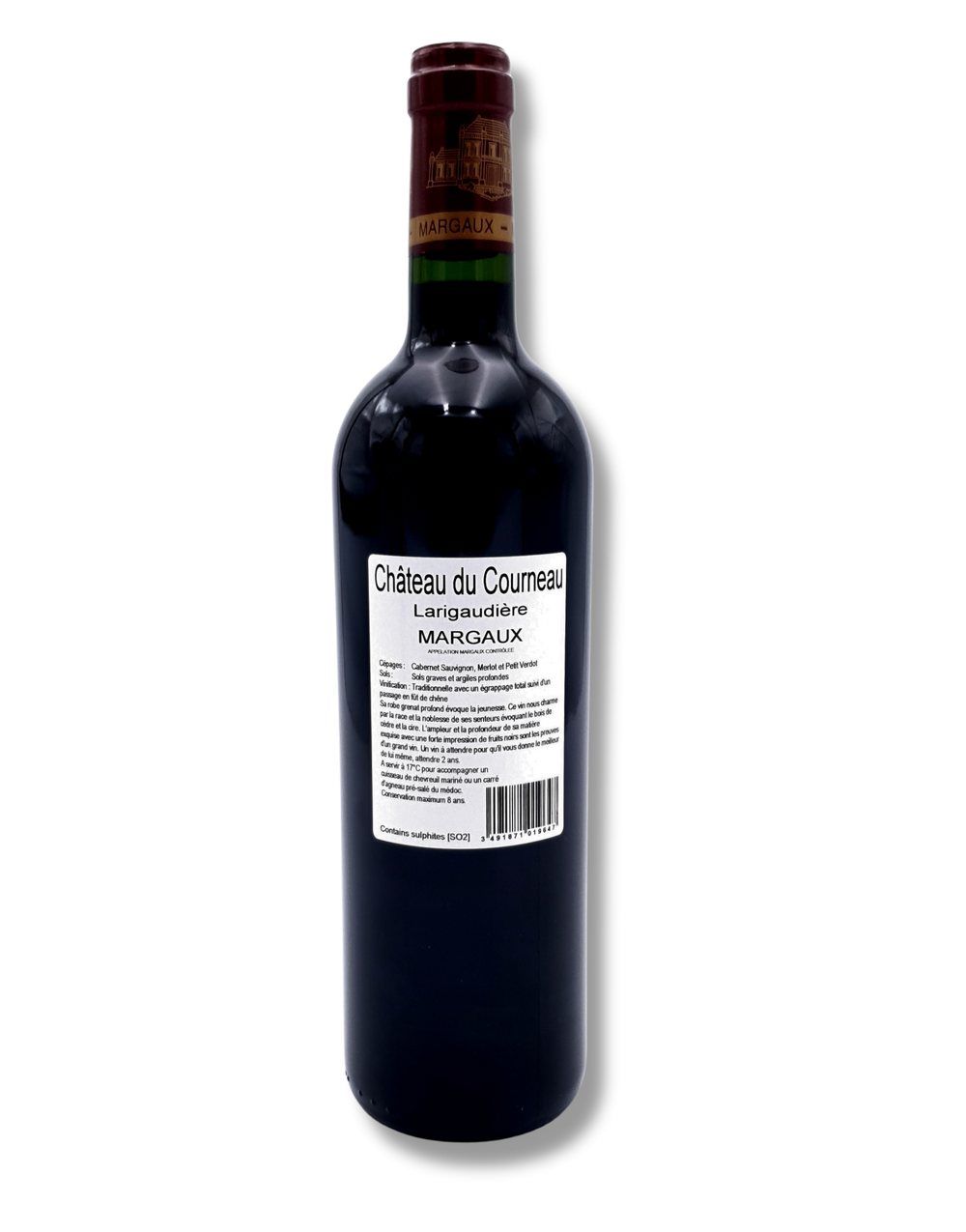 Flasche Château du Courneau Margaux AOC Bordeaux – eleganter Rotwein aus 60 % Cabernet Sauvignon und 40 % Merlot, nachhaltig produziert, 93/95 Punkte. Rueckseite.