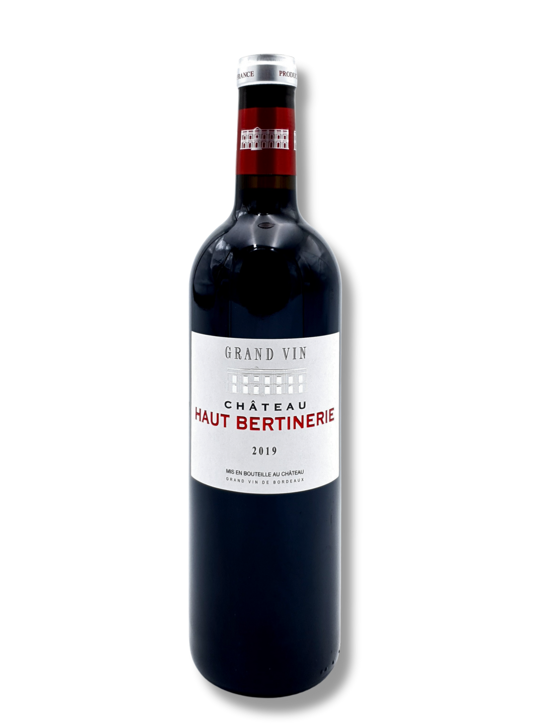 Flasche Château Haut Bertinerie Grand Vin 2019 – Blaye Côtes de Bordeaux, eleganter Rotwein mit intensiver Farbe und Aromen von roten Beeren, Mokka und Vanille.