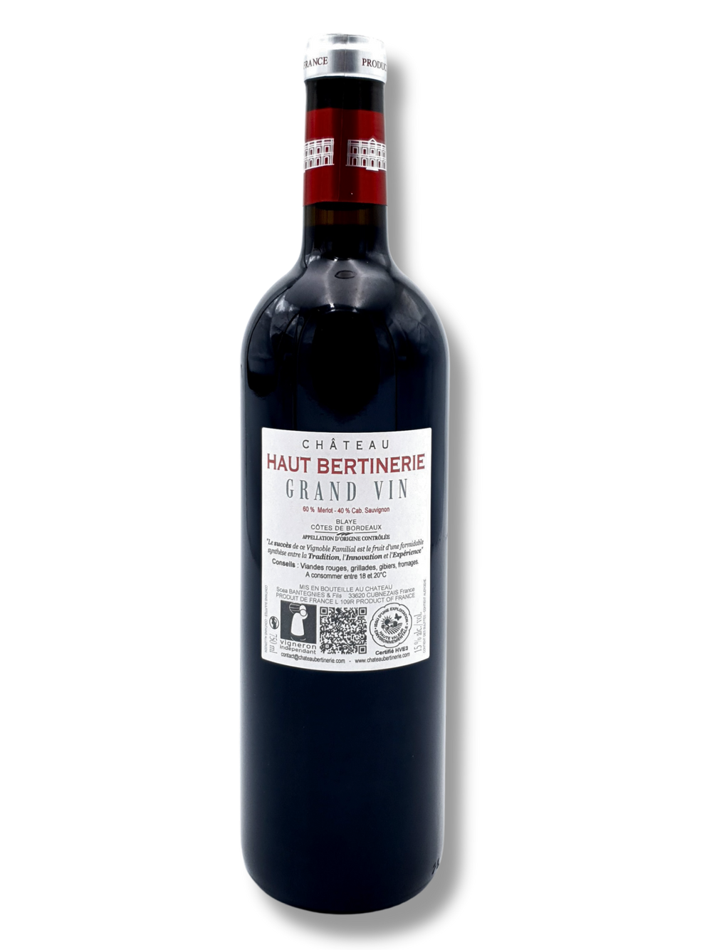 Flasche Château Haut Bertinerie Grand Vin 2019 – Blaye Côtes de Bordeaux, eleganter Rotwein mit intensiver Farbe und Aromen von roten Beeren, Mokka und Vanille - Rückseite
