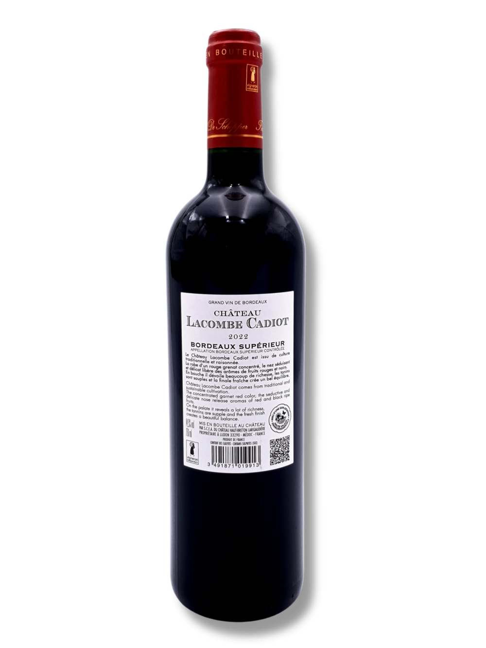 Etikett Château Lacombe Cadiot 2022 – Bordeaux Supérieur AOC Rotwein aus Macau, nahe Margaux