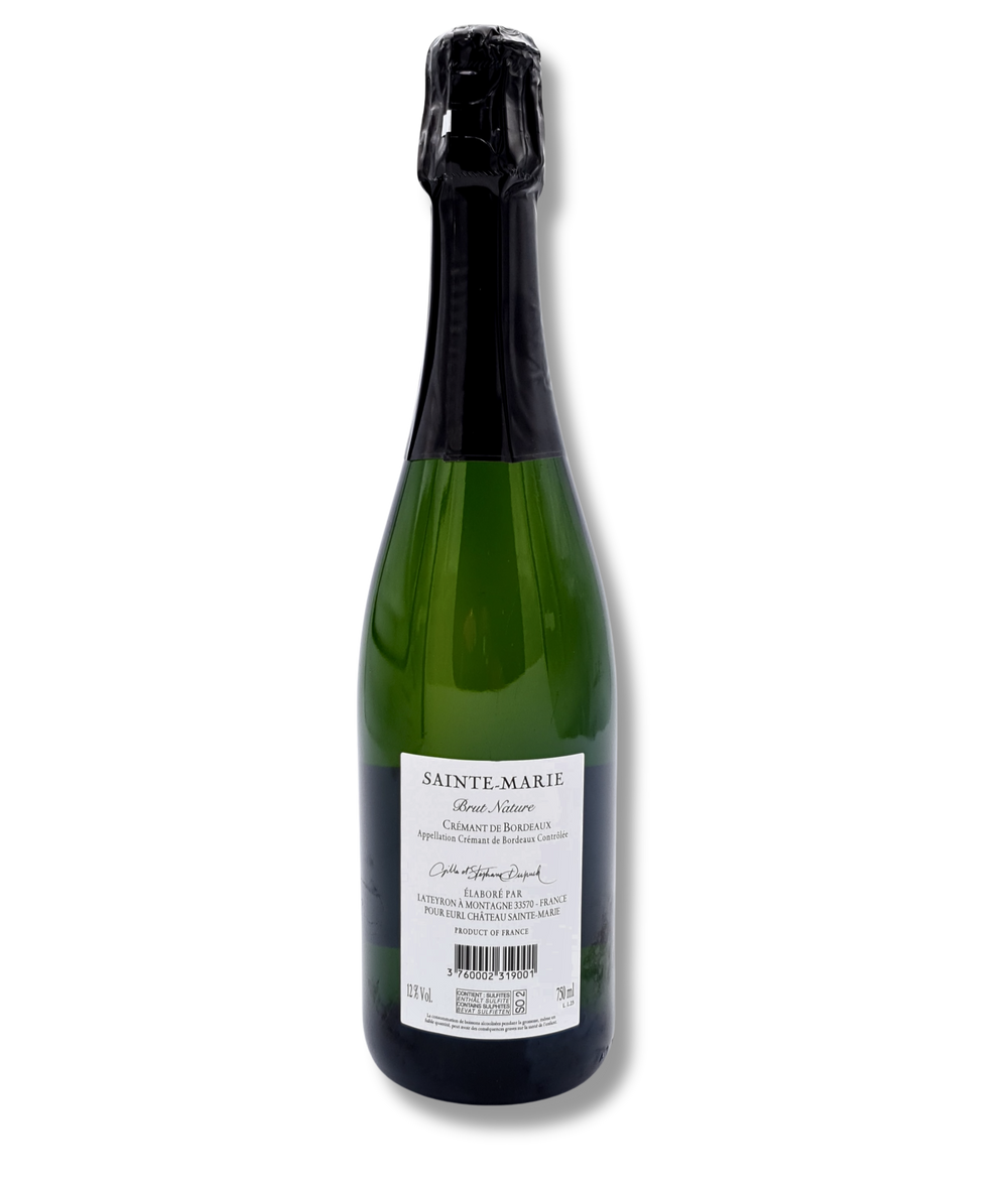 Flasche Crémant de Bordeaux Brut Nature Blanc de Noir Château Sainte-Marie – limitierte Auflage, 36 Monate gereift. Rückseite.