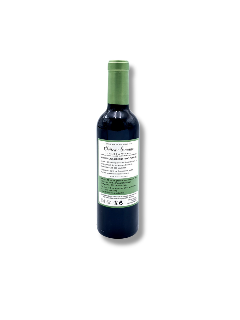 Etikett Château Siaurac 2016 Bordeaux – elegante Weinflasche Lalande-de-Pomerol Miniformat 37.5cl 