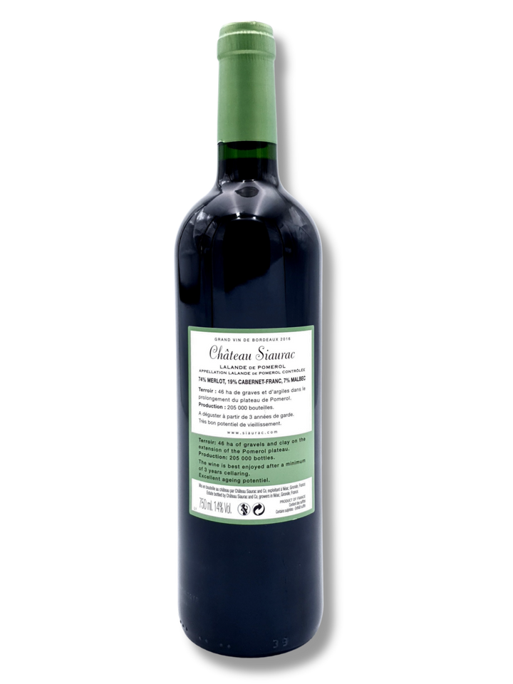 Etikett Château Siaurac 2016 Bordeaux – elegante Weinflasche Lalande-de-Pomerol
