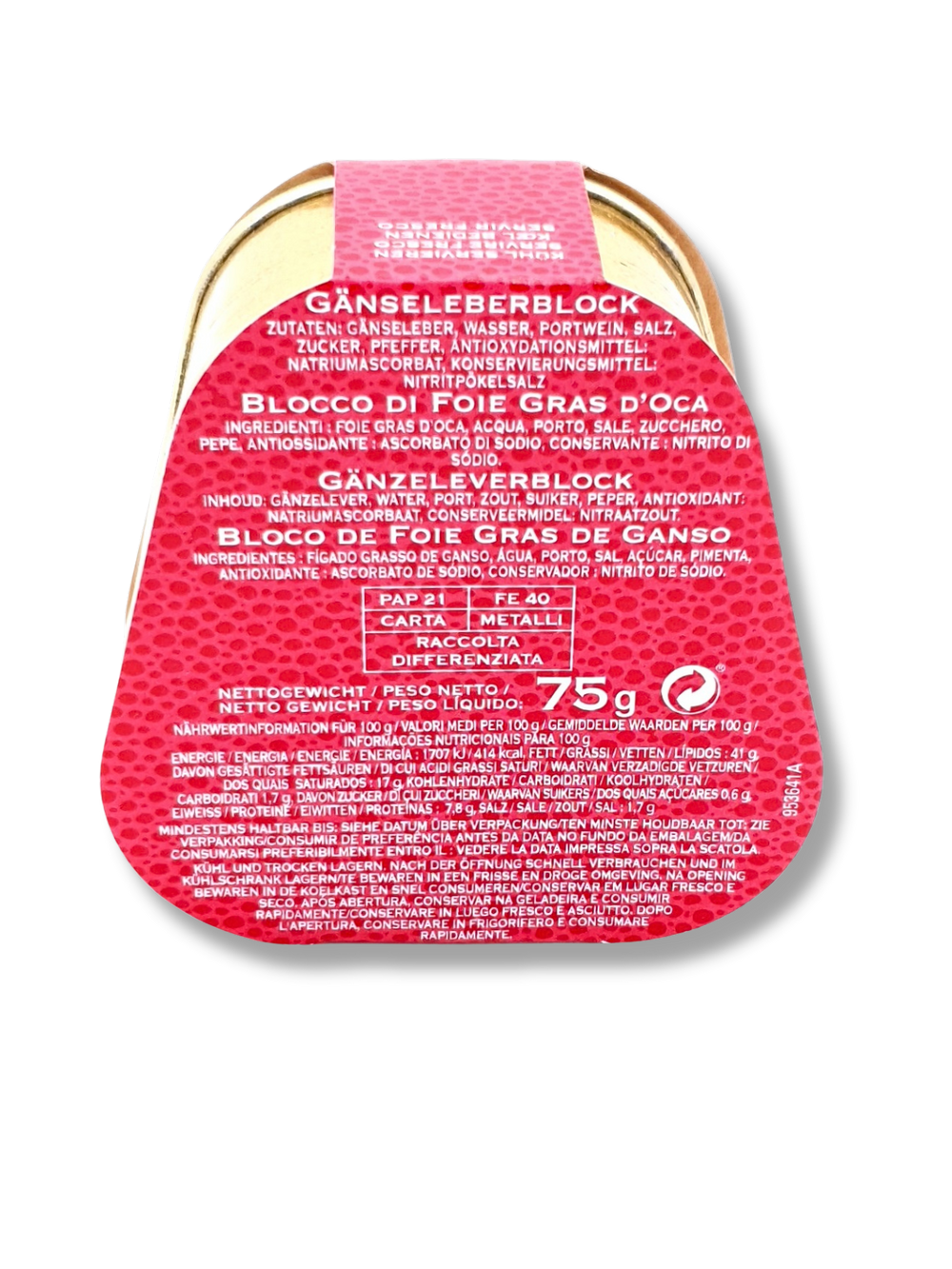 75g-Glas Bloc de Foie Gras d’Oie von Rougié – französische Gänseleberdelikatesse in eleganter Verpackung, Zutatenliste