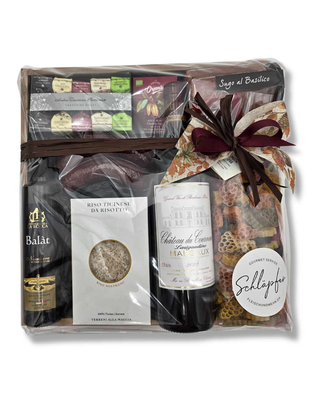 Exklusives Gourmet Geschenkset mit Bordeaux Margaux, Tessiner Risotto, Olivenöl, Pasta, Sugo, Tartufi und Feinkost-Spezialitäten