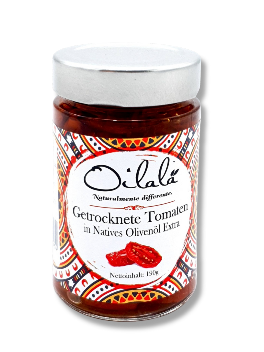 Glas mit sonnengetrockneten Tomaten in hochwertigem nativem Olivenöl extra von Oilalà – italienische Feinkostspezialität aus Apulien. Etikett .