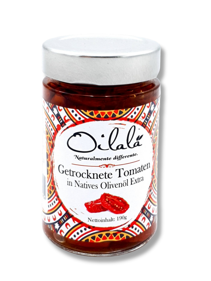 Glas mit sonnengetrockneten Tomaten in hochwertigem nativem Olivenöl extra von Oilalà – italienische Feinkostspezialität aus Apulien. Etikett .