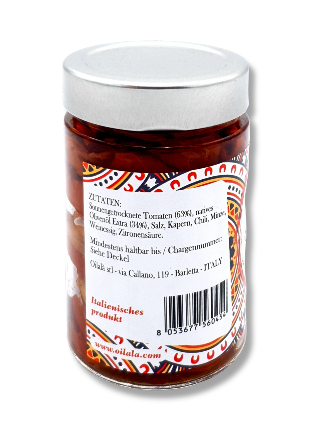 Glas mit sonnengetrockneten Tomaten in hochwertigem nativem Olivenöl extra von Oilalà – italienische Feinkostspezialität aus Apulien. Zutatenliste.