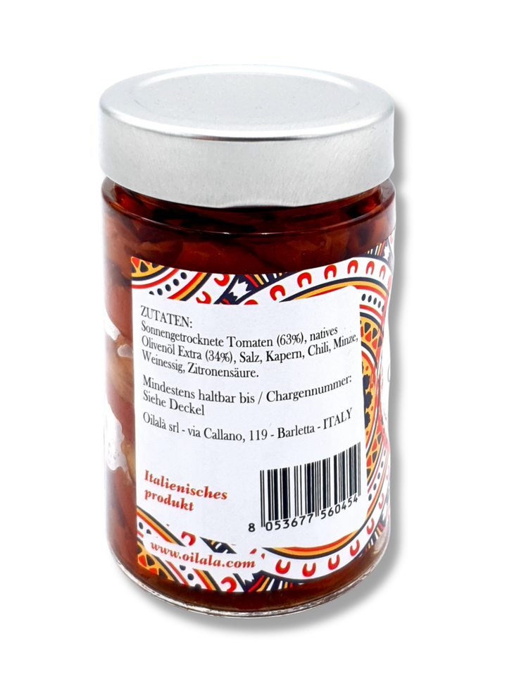 Glas mit sonnengetrockneten Tomaten in hochwertigem nativem Olivenöl extra von Oilalà – italienische Feinkostspezialität aus Apulien. Zutatenliste.