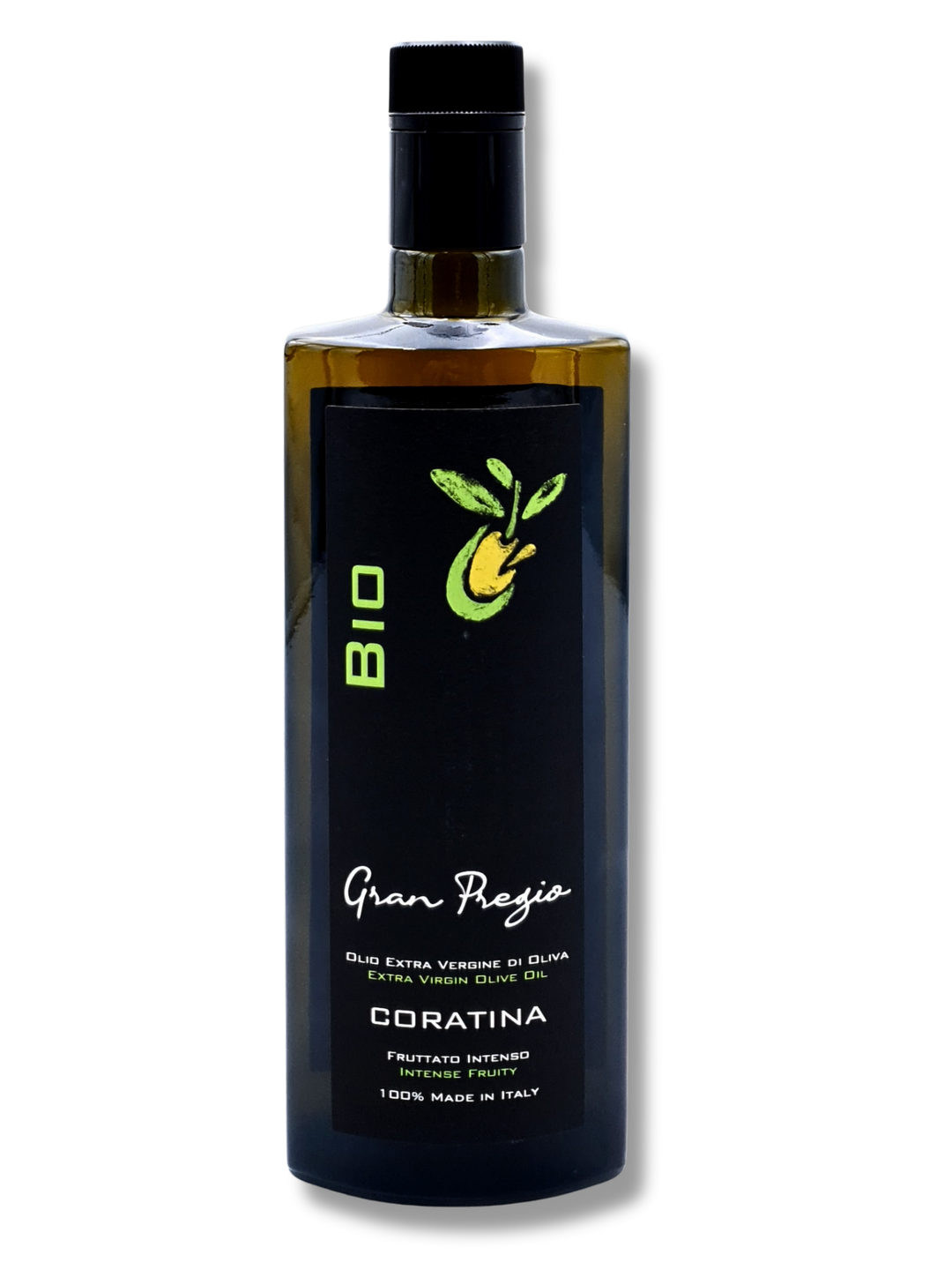 Gran Pregio CORATINA Bio Olivenöl Extra Vergine – kaltgepresst, intensivfruchtig, aus 100 % italienischen Bio-Oliven - Etikett
