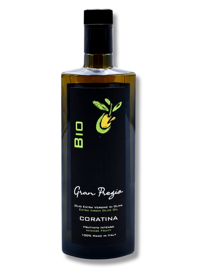 Gran Pregio CORATINA Bio Olivenöl Extra Vergine – kaltgepresst, intensivfruchtig, aus 100 % italienischen Bio-Oliven - Etikett