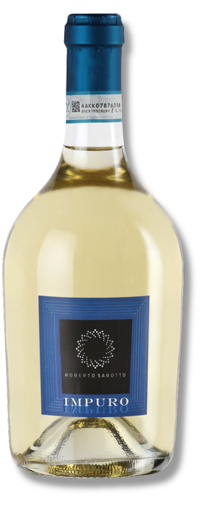 Flasche IMPÚRO Chardonnay Piemonte DOC 2024 von Roberto Sarotto mit blauem Etikett, italienischer Weißwein aus dem Piemont.