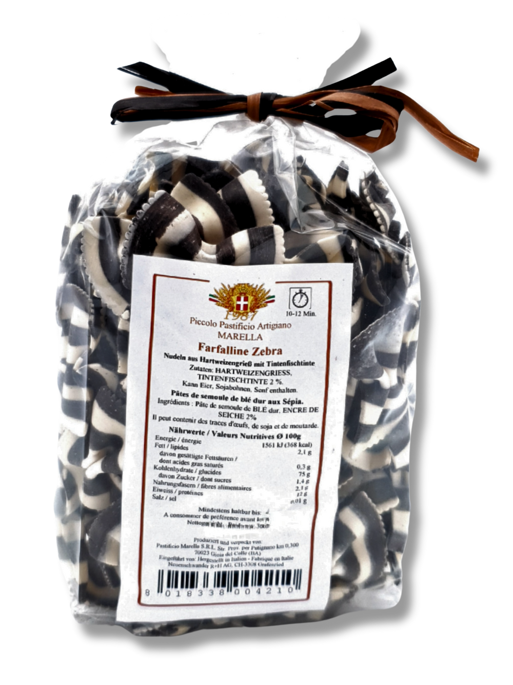 Farfalline Zebra von Antonio Marella – schwarz-weisse Schleifenpasta aus 100 % italienischem Hartweizengriess mit Tintenfischtinte - Etikette