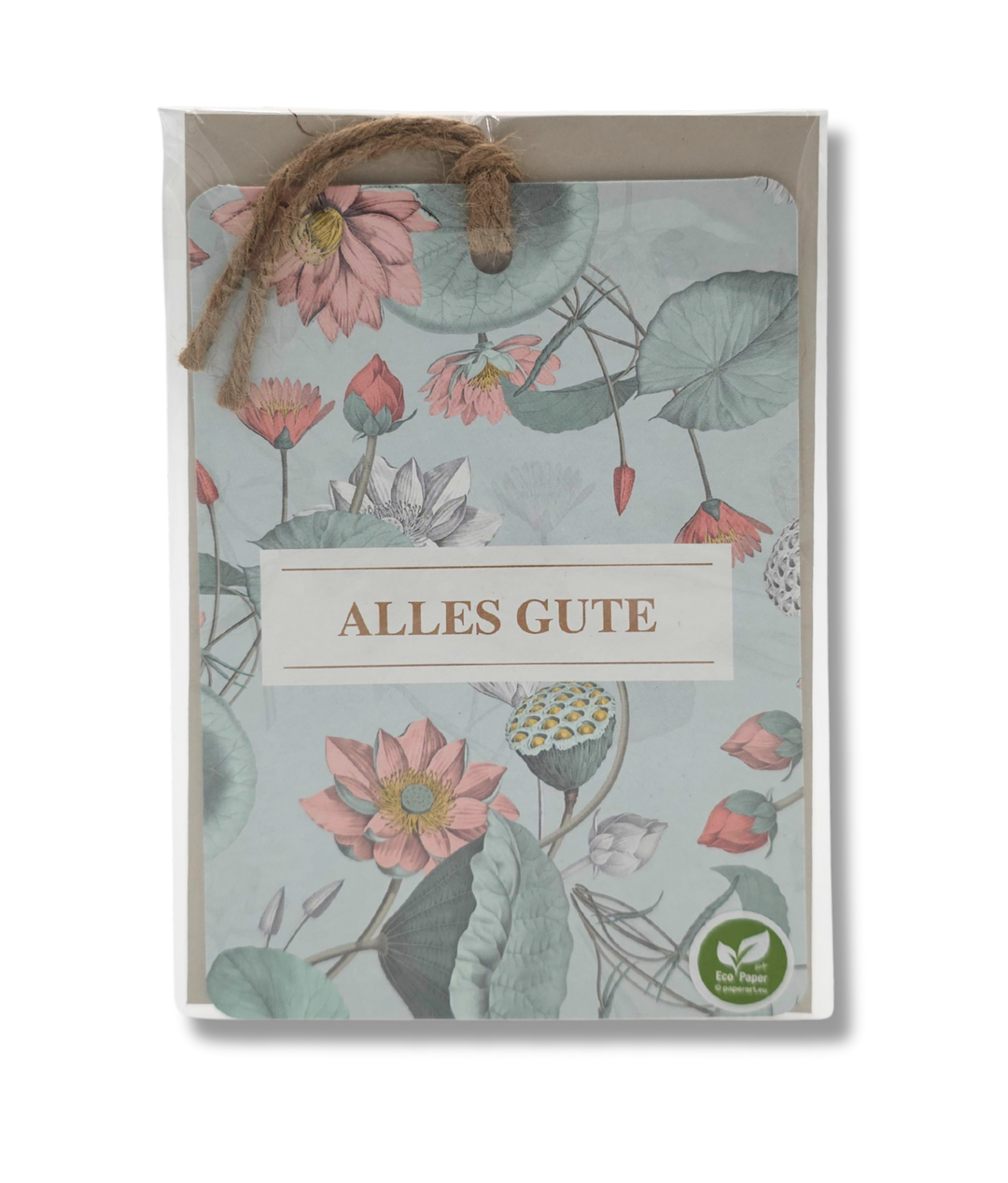 Grusskarte Alles Gute mit floralem Design, Doppelkarte mit Juteschnur, nachhaltig aus 100% Pflanzenabfällen