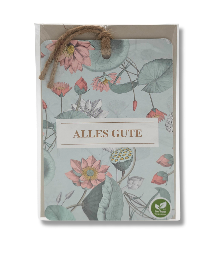 Grusskarte Alles Gute mit floralem Design, Doppelkarte mit Juteschnur, nachhaltig aus 100% Pflanzenabfällen