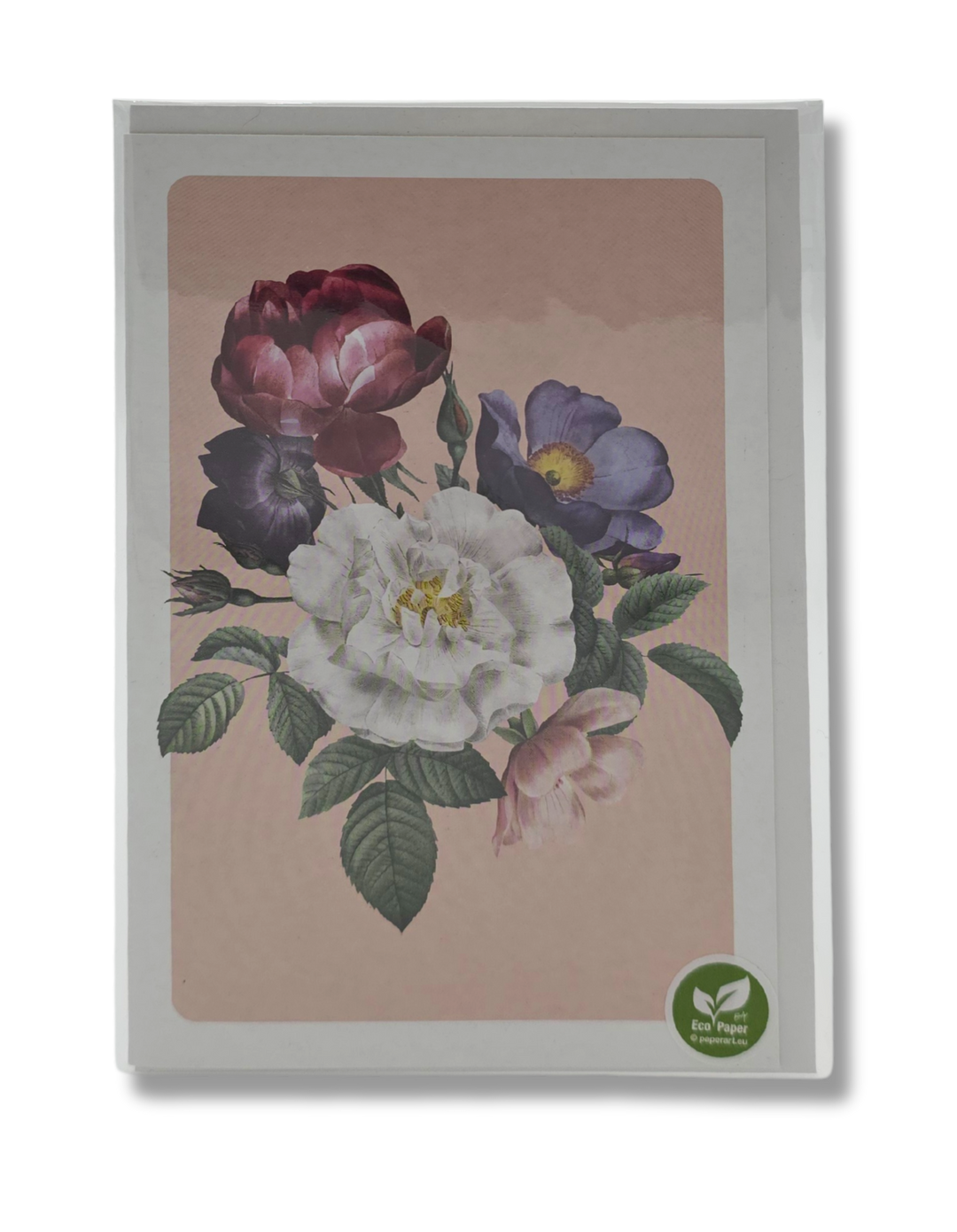Grusskarte mit Blumenmotiv auf Rosé-Hintergrund, Doppelkarte inkl. Kuvert und Cellophan, 11.5 x 17 cm, nachhaltig aus Pflanzenabfällen