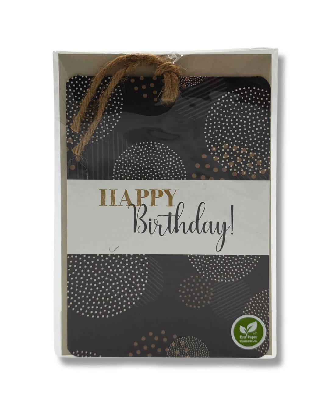 Geburtstagskarte Happy Birthday in Schwarz-Gold mit Juteschnur, Doppelkarte aus 100% Pflanzenabfällen