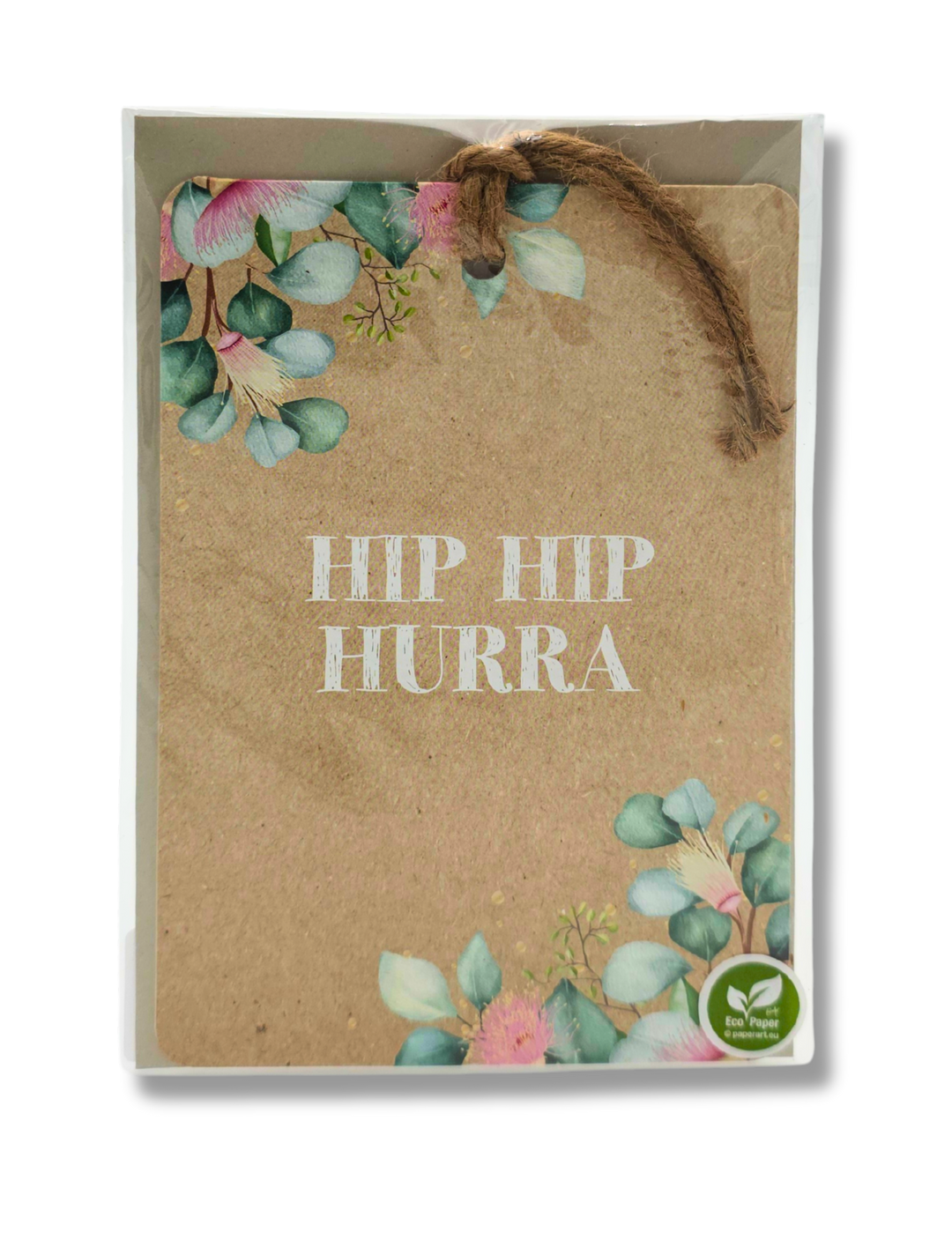 Grusskarte Hip Hip Hurra im Kraftpapier-Look mit Juteschnur, Doppelkarte inkl. Kuvert und Cellophan, 17 x 11.5 cm