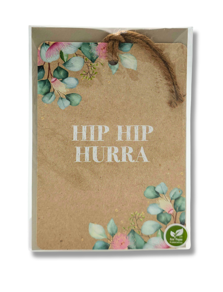 Grusskarte Hip Hip Hurra im Kraftpapier-Look mit Juteschnur, Doppelkarte inkl. Kuvert und Cellophan, 17 x 11.5 cm
