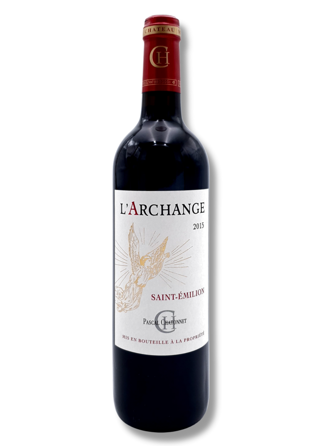 L’Archange 2015 Saint-Émilion – edler Merlot von Vignobles Chatonnet, Bordeaux, in der Flasche mit tiefem Purpurrot und eleganter Etikette.