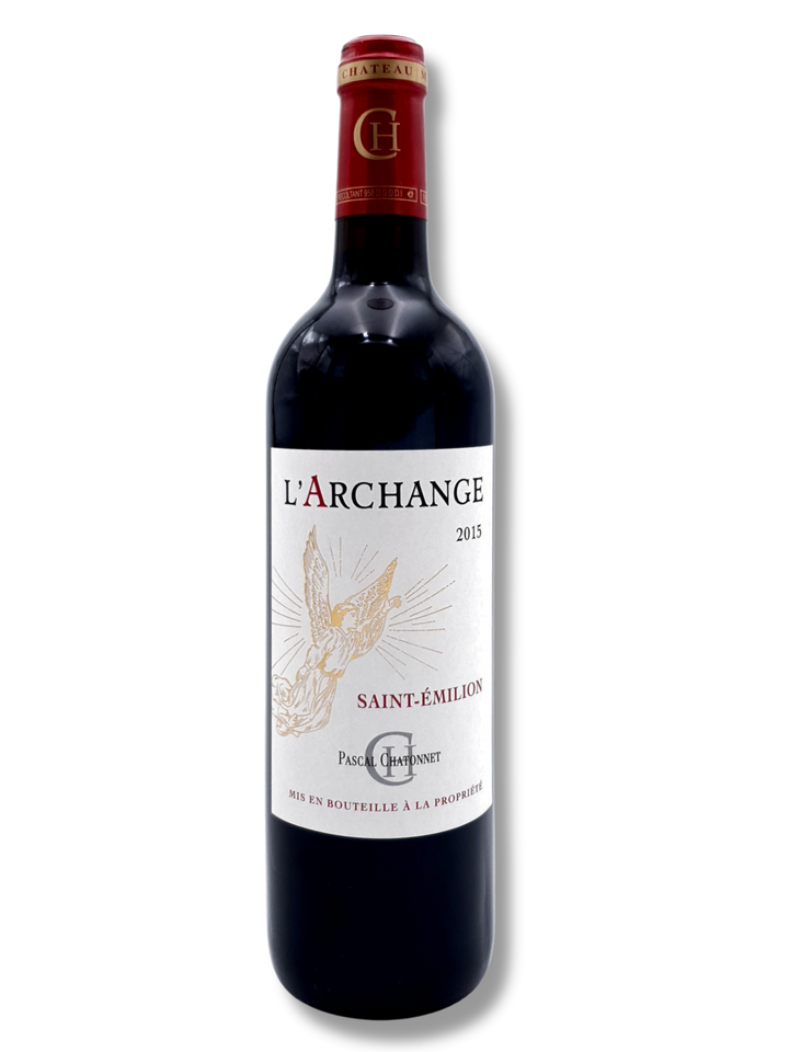 L’Archange 2015 Saint-Émilion – edler Merlot von Vignobles Chatonnet, Bordeaux, in der Flasche mit tiefem Purpurrot und eleganter Etikette.