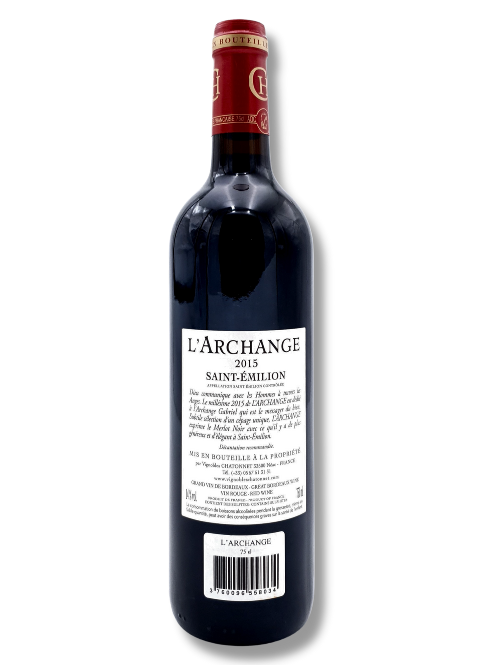 L’Archange 2015 Saint-Émilion – edler Merlot von Vignobles Chatonnet, Bordeaux, in der Flasche mit tiefem Purpurrot und eleganter Etikette, Rückseite