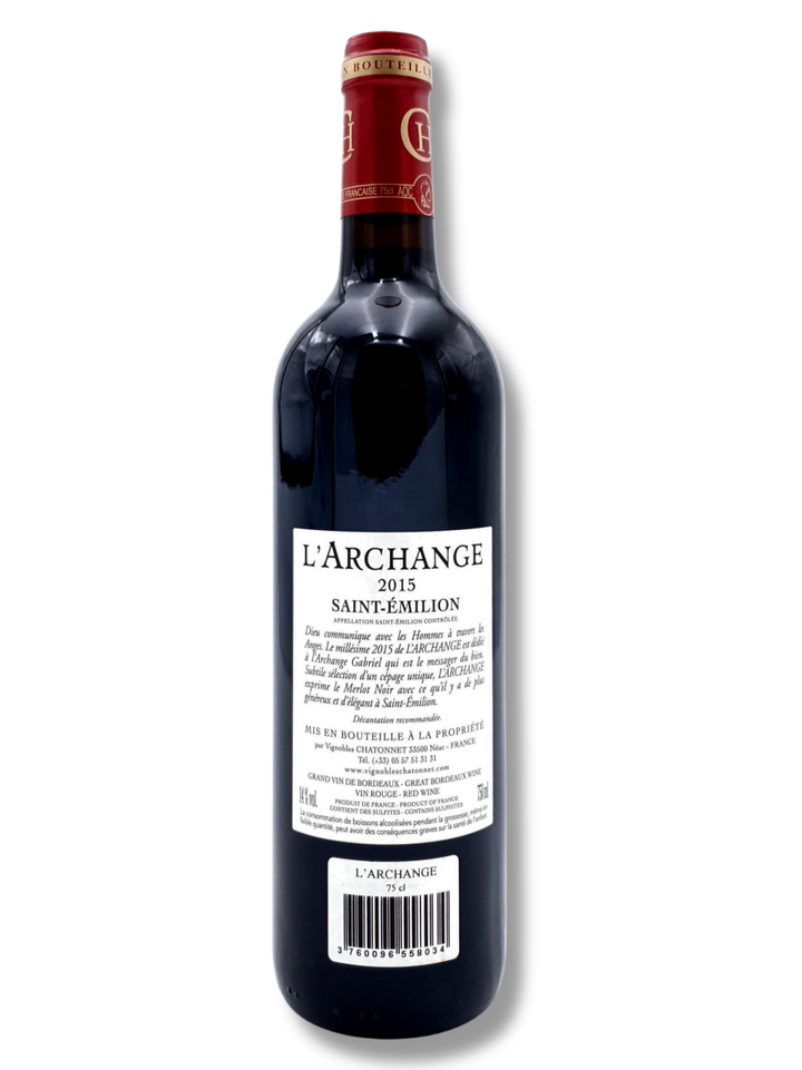 L’Archange 2015 Saint-Émilion – edler Merlot von Vignobles Chatonnet, Bordeaux, in der Flasche mit tiefem Purpurrot und eleganter Etikette, Rückseite