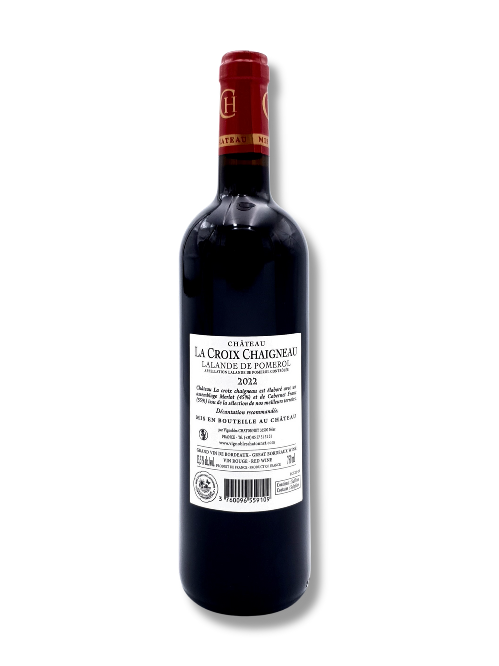 Flasche Château La Croix Chaigneau 2022 – Lalande-de-Pomerol, eleganter Bordeaux von Pascal Chatonnet mit feinen Fruchtaromen und samtiger Struktur - Rückseite