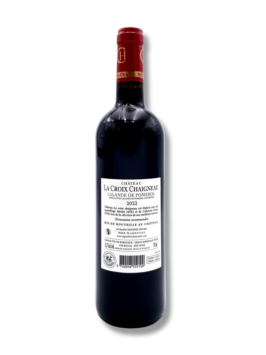 Flasche Château La Croix Chaigneau 2022 – Lalande-de-Pomerol, eleganter Bordeaux von Pascal Chatonnet mit feinen Fruchtaromen und samtiger Struktur - Rückseite