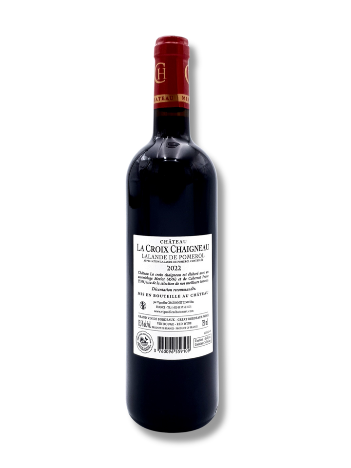 Flasche Château La Croix Chaigneau 2022 – Lalande-de-Pomerol, eleganter Bordeaux von Pascal Chatonnet mit feinen Fruchtaromen und samtiger Struktur - Rückseite