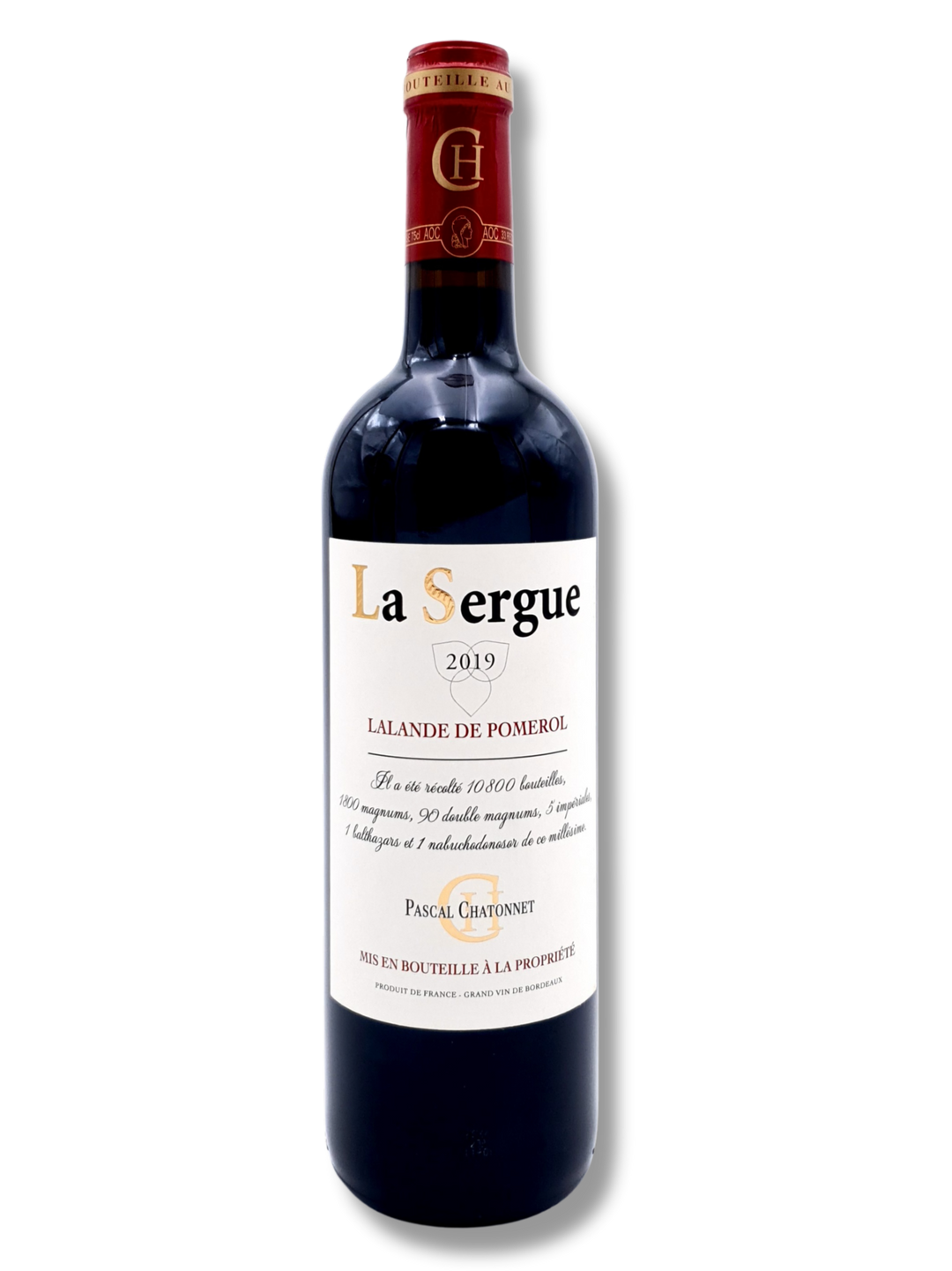 La Sergue 2019 Lalande-de-Pomerol – elegante Bordeaux-Cuvée von Pascal Chatonnet, Flasche mit Etikette