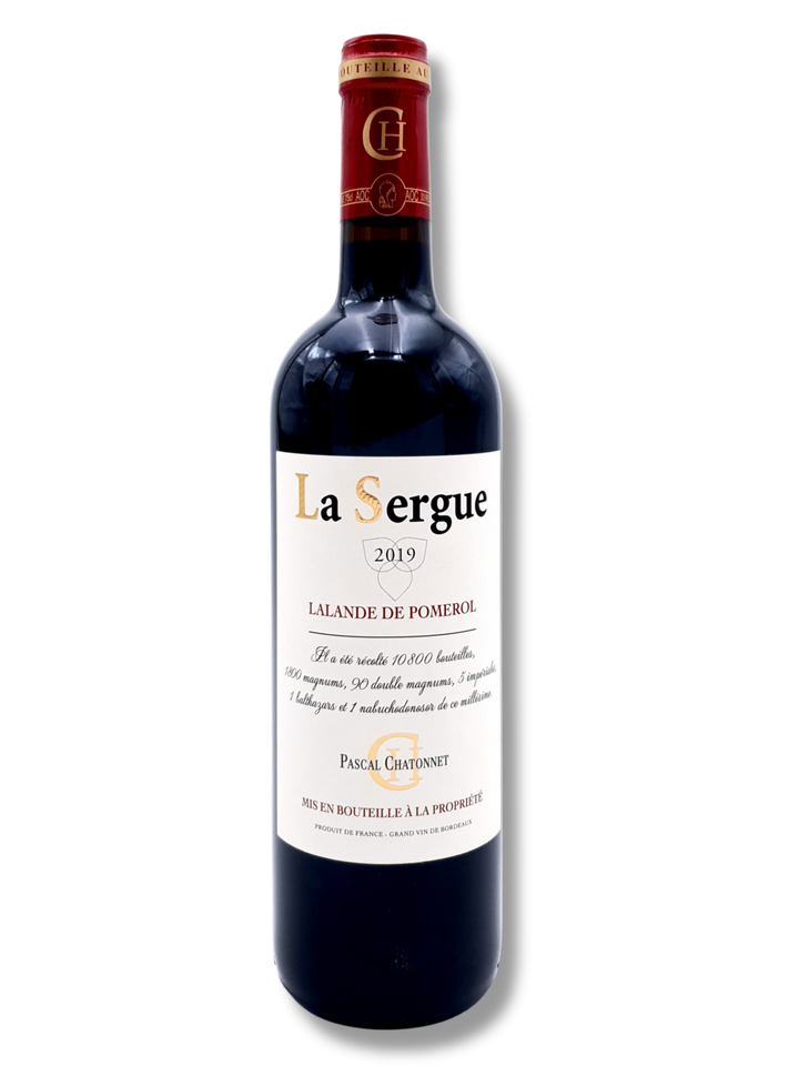 La Sergue 2019 Lalande-de-Pomerol – elegante Bordeaux-Cuvée von Pascal Chatonnet, Flasche mit Etikette