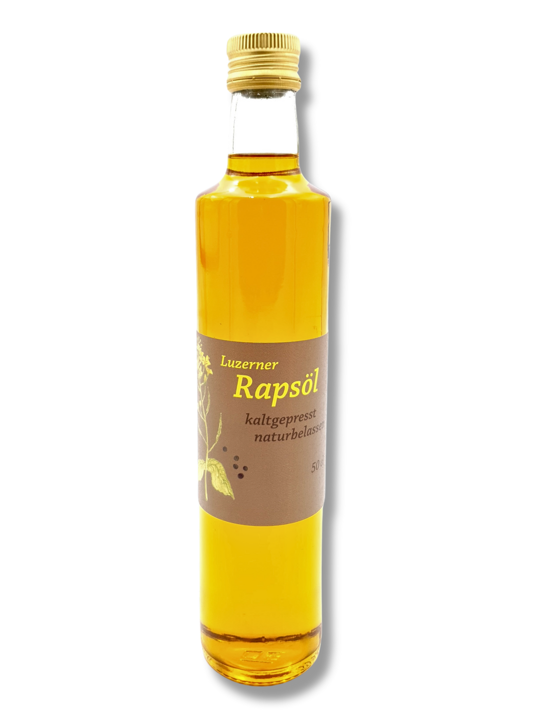 Flasche Luzerner Rapsöl von der Mühle Briseck – kaltgepresst, naturbelassen, aus Zell LU. Etikett.